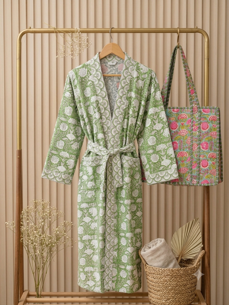 greenfloralbathrob Green Floral Collection โ Robe & Quilted Tote Gift Set - Image 1