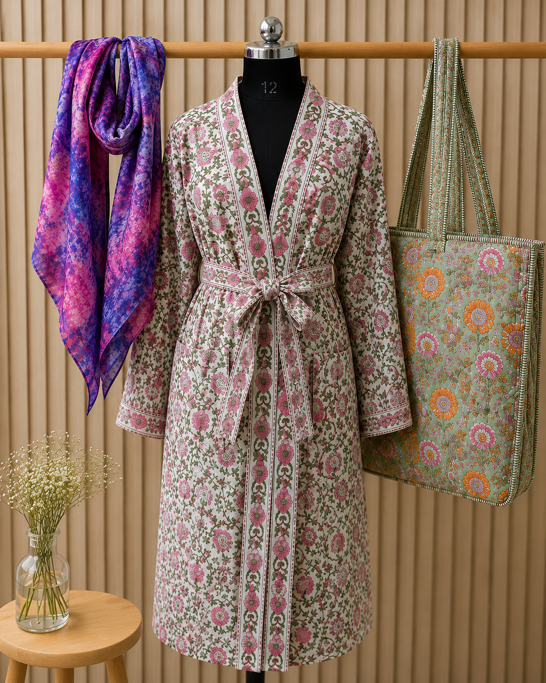 rob-scarf Pink Floral Robe, Quilted Bag & Silk Scarf Gift Set - Image 1