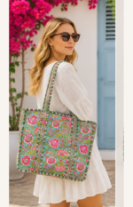 Aqua Floral Quilted Tote Bag - Image 2