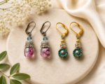 Handmade Pink Glass & Teal Floral Beaded Earrings Set