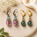 Handmade Pink Glass & Teal Floral Beaded Earrings Set