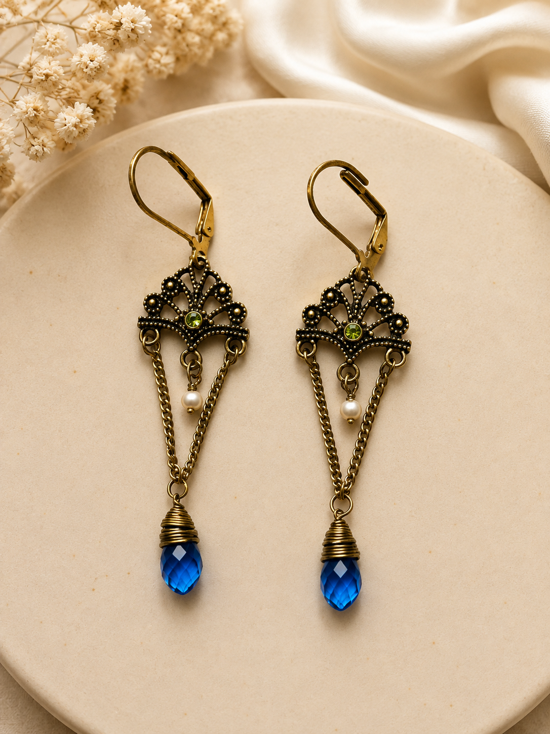 3-tziona Vintage Blue Crystal Filigree Drop Earrings - Image 1