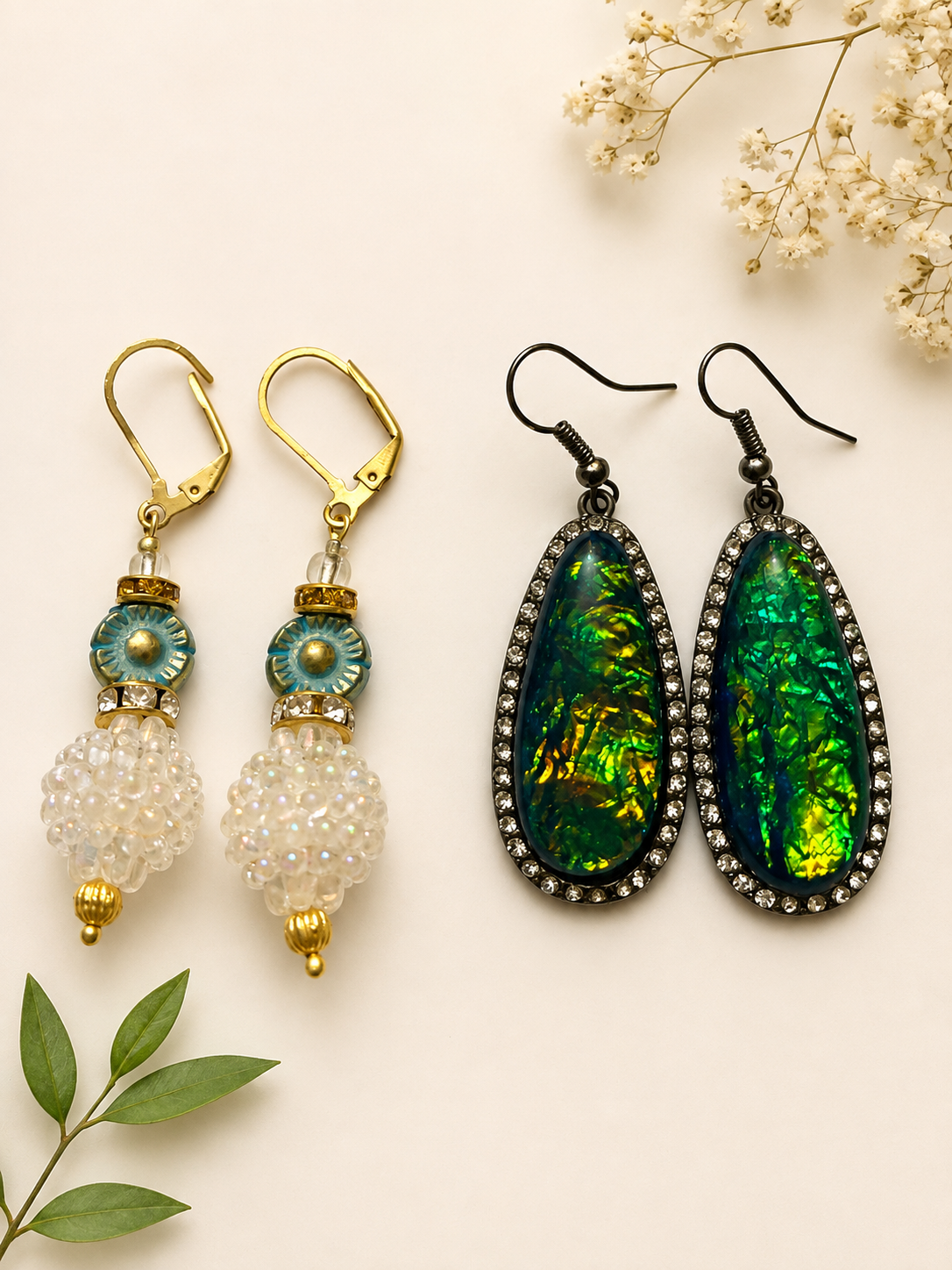 ChatGPT Image Aug 3, 2026, 10_24_13 AM Handmade Artisan Earrings Combo – Pearl Beaded & Iridescent Teardrop Statement Earrings - Image 1