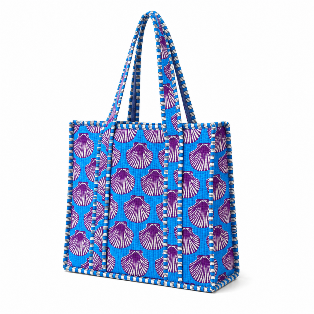 Quilted Blue Seashell Tote Bag
