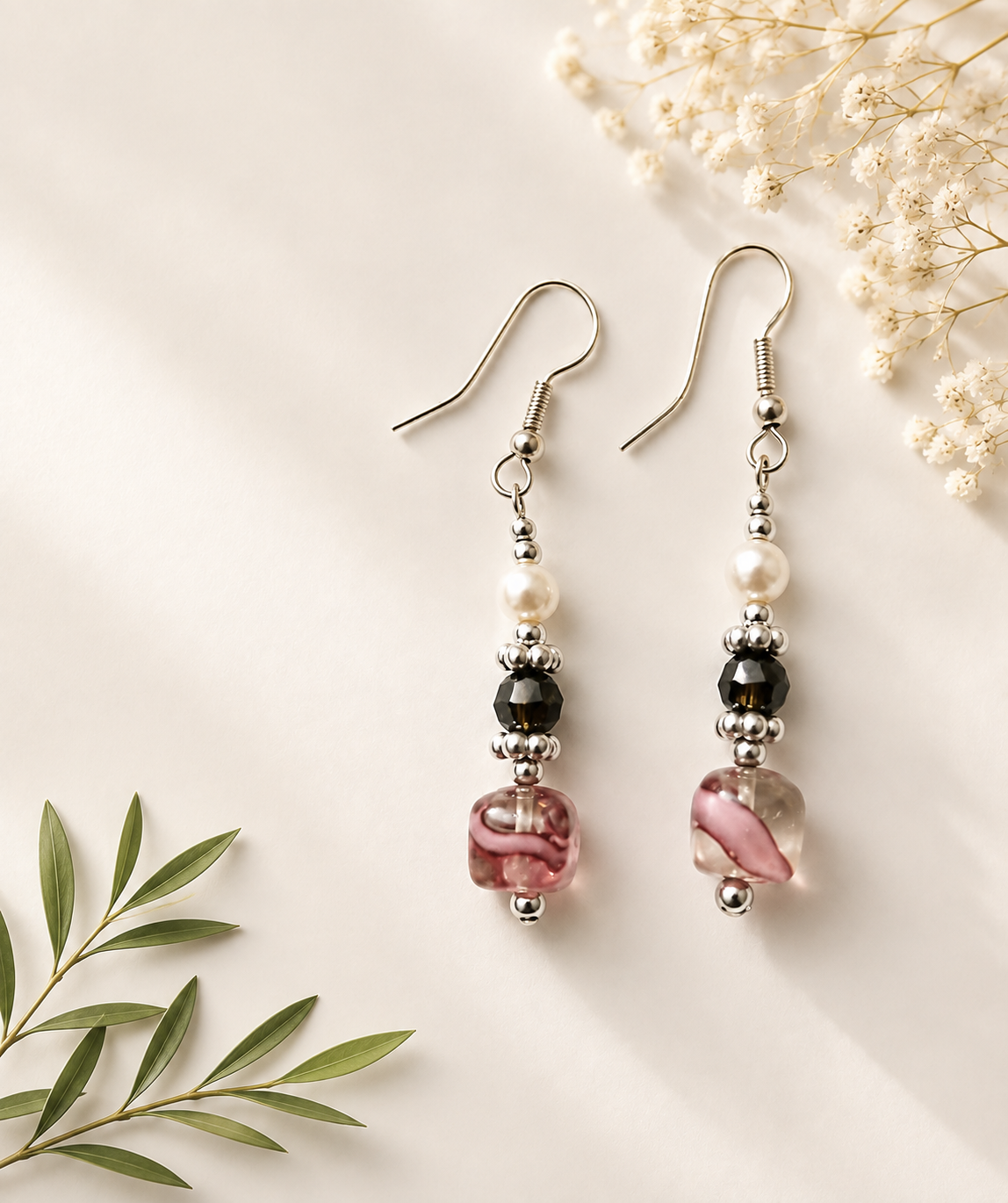 Tziona-earings Blush Pearl & Crystal Handmade Beaded Earrings - Image 1