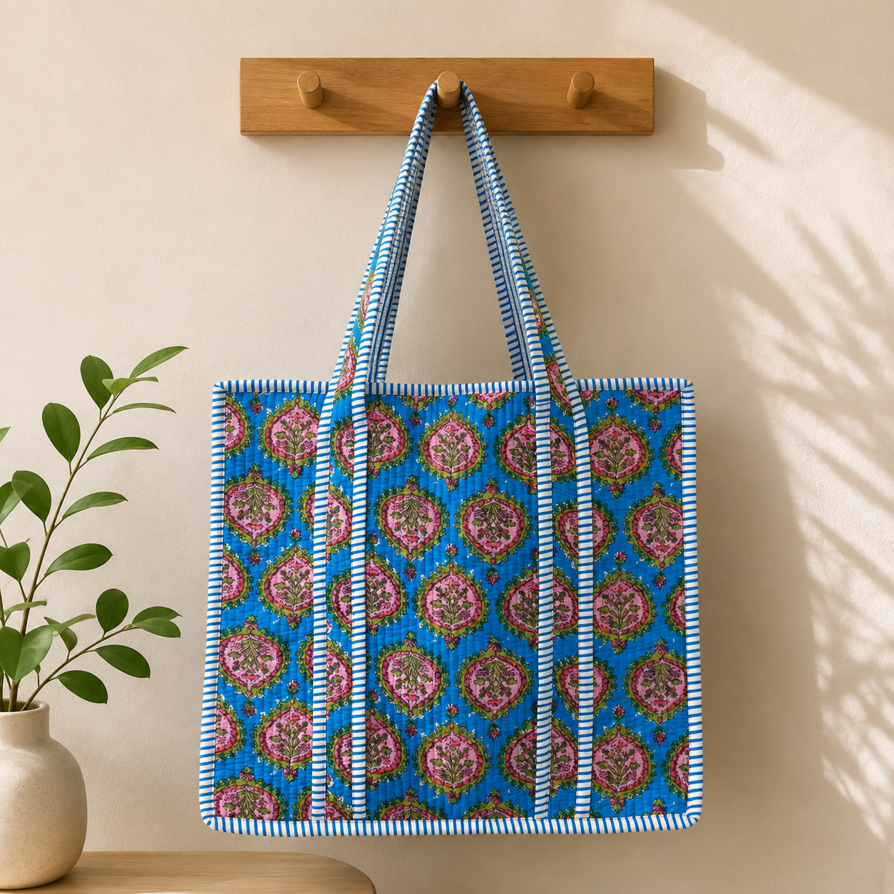 blue Tziona Bloom Quilted Tote – Blue & Pink - Image 1