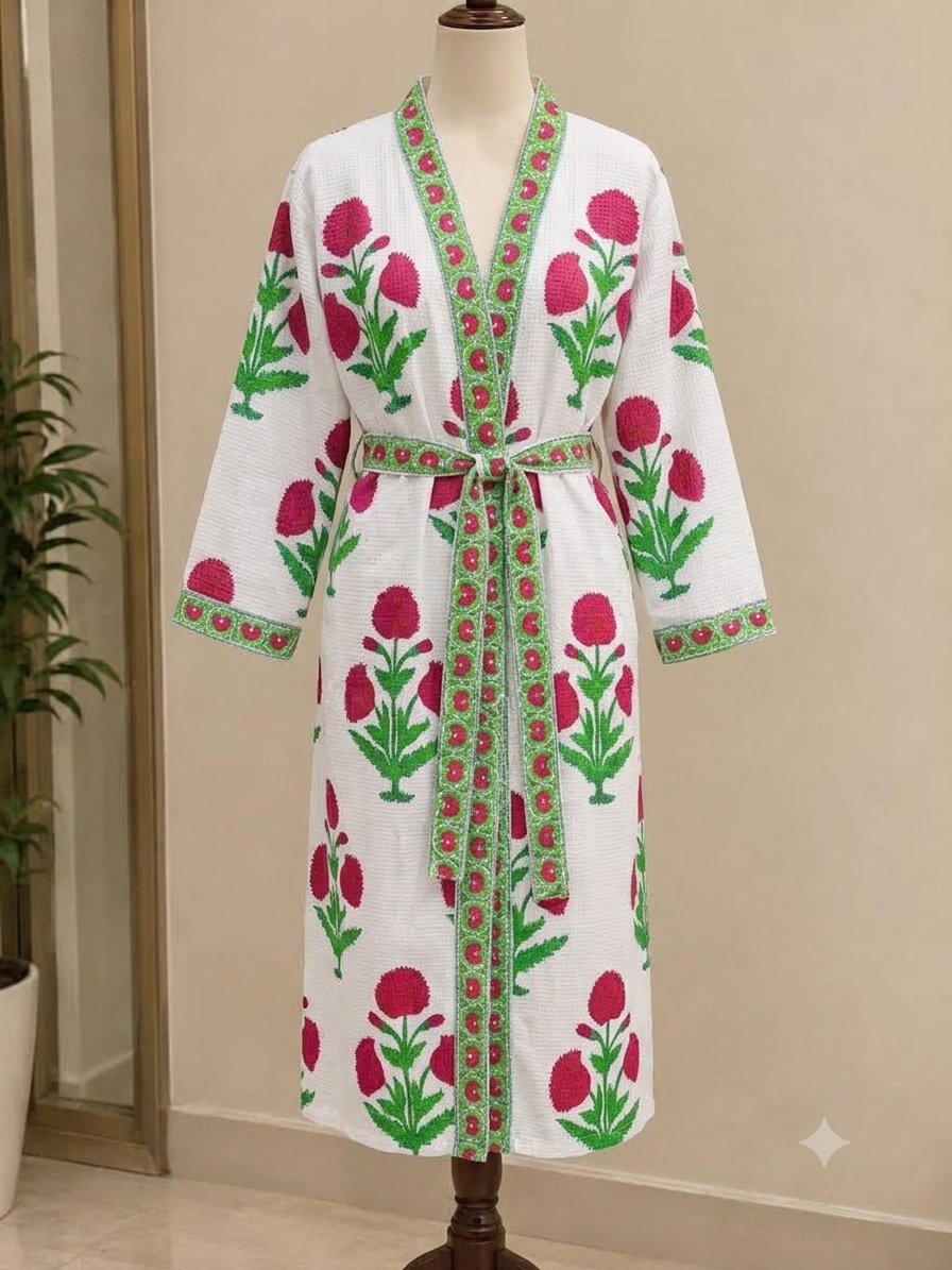 pinksrobe Handmade Crimson Bloom Waffle-Wave Robe - Image 1