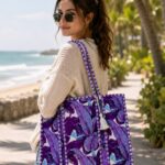 Quilted cotton purple tropical tote bag