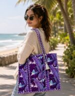 Quilted cotton purple tropical tote bag
