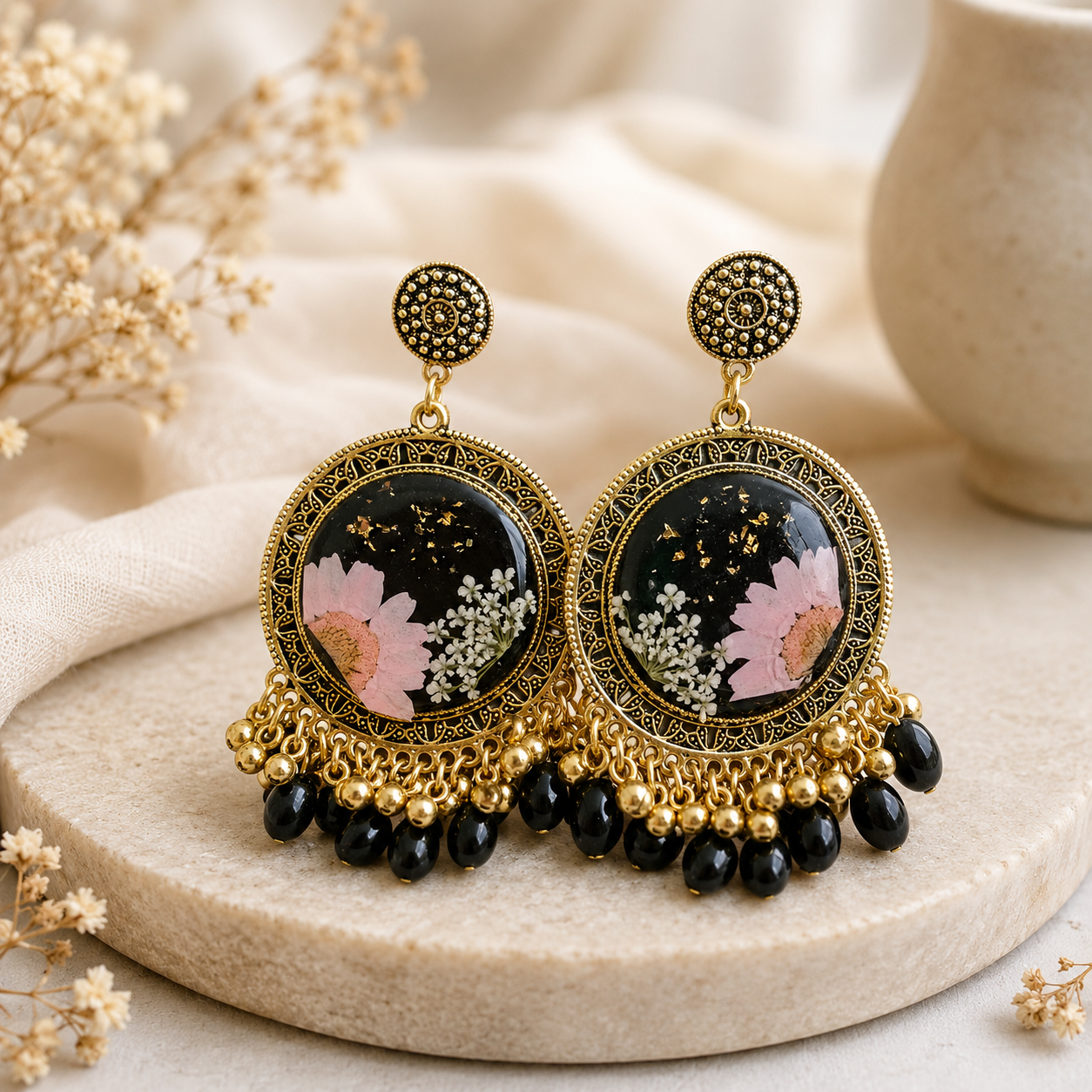 resin-black-gold Midnight Bloom Statement Earrings - Image 1